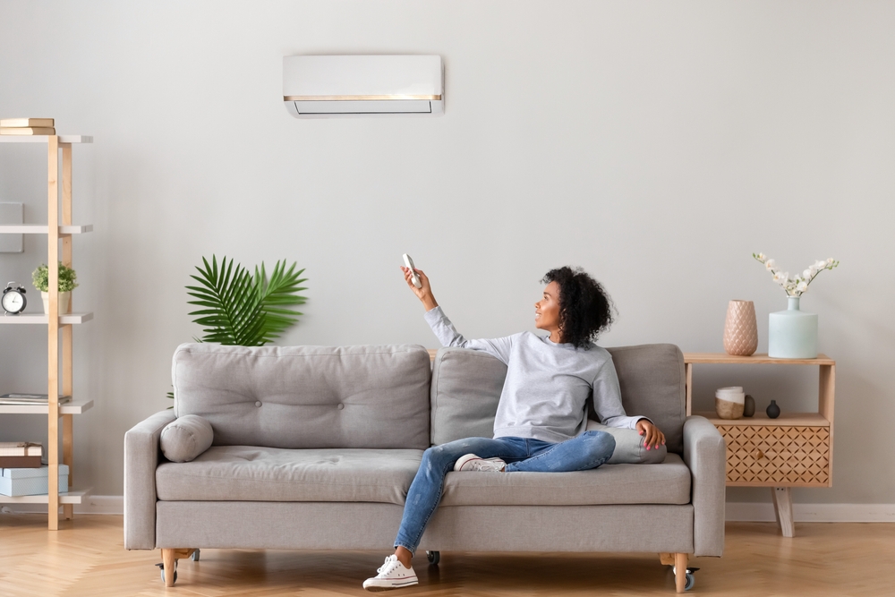 Woman Sitting On Couch And Aiming Remote At Mini-Split on Wall